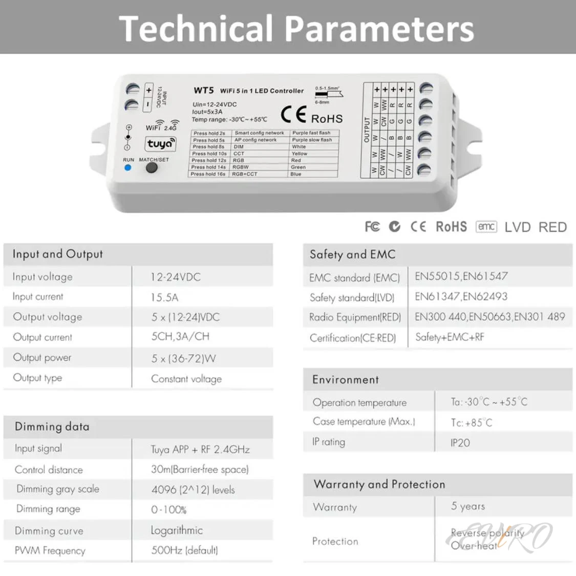 Контроллер WI-Fi+RF 2.4G 5in1 управление приложением, 150-300W, 12-24V, 15А (до 25 м.п. Led ленты 24V, 10W)