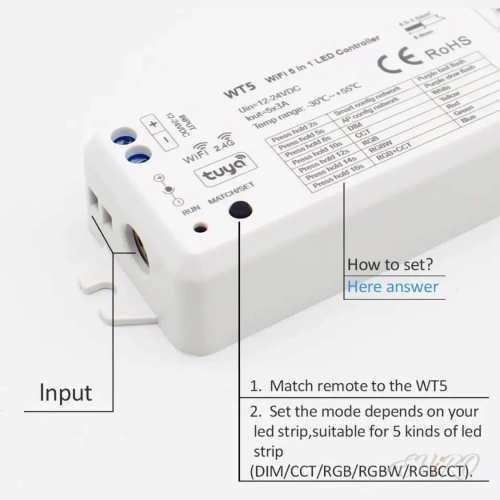 Контроллер WI-Fi+RF 2.4G 5in1 управление приложением, 150-300W, 12-24V, 15А (до 25 м.п. Led ленты 24V, 10W)